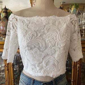 Adrianna Papell off shoulder white lace top